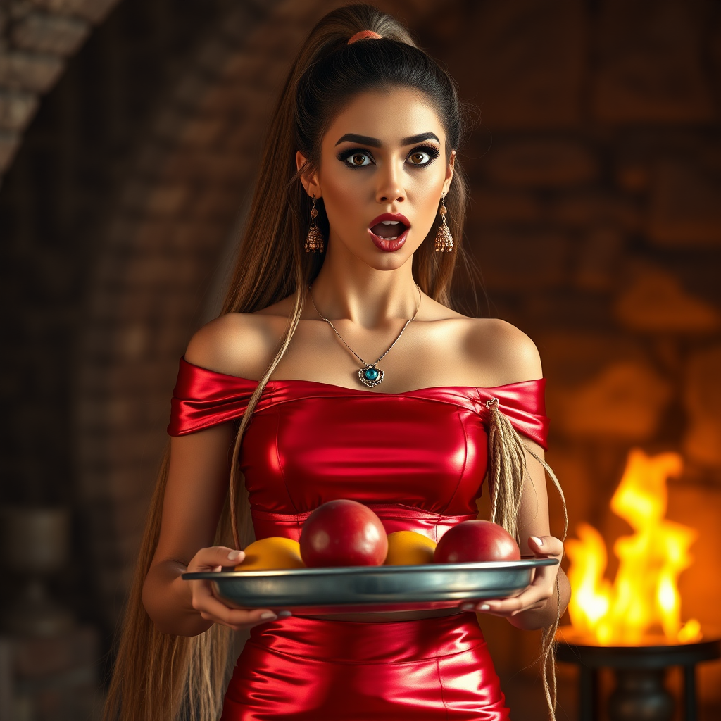 realistic photo of a surprised Arabian model with mouth open. She has very large eyes, black eyeshadow, black eyeliner, fake eyelashes, very tanned skin, very long hair. very high ponytail, she look likes princess jasmine, shinny red off shoulder crop top. photo realistic. She holds a metal tray with fruits just above her waist. crop top, shinny red skirt. full body view. shinny red pencil skirt. dungeon with fire torches in the background.