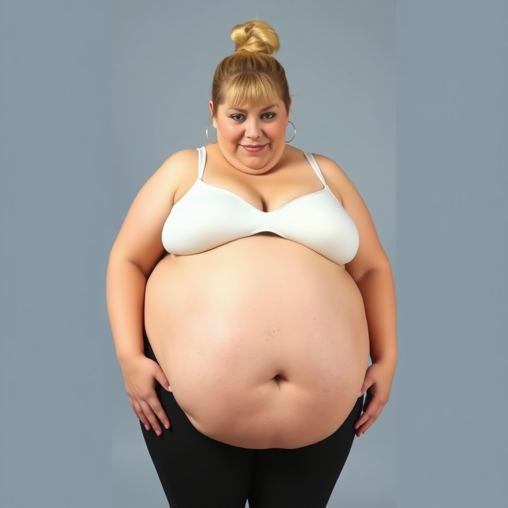 a blonde haired in a bun double chin morbidly obese overweight woman wearing a white bra, black leggings, huge overhanging flabby belly, her body is shaped like a massive fat blob of flesh