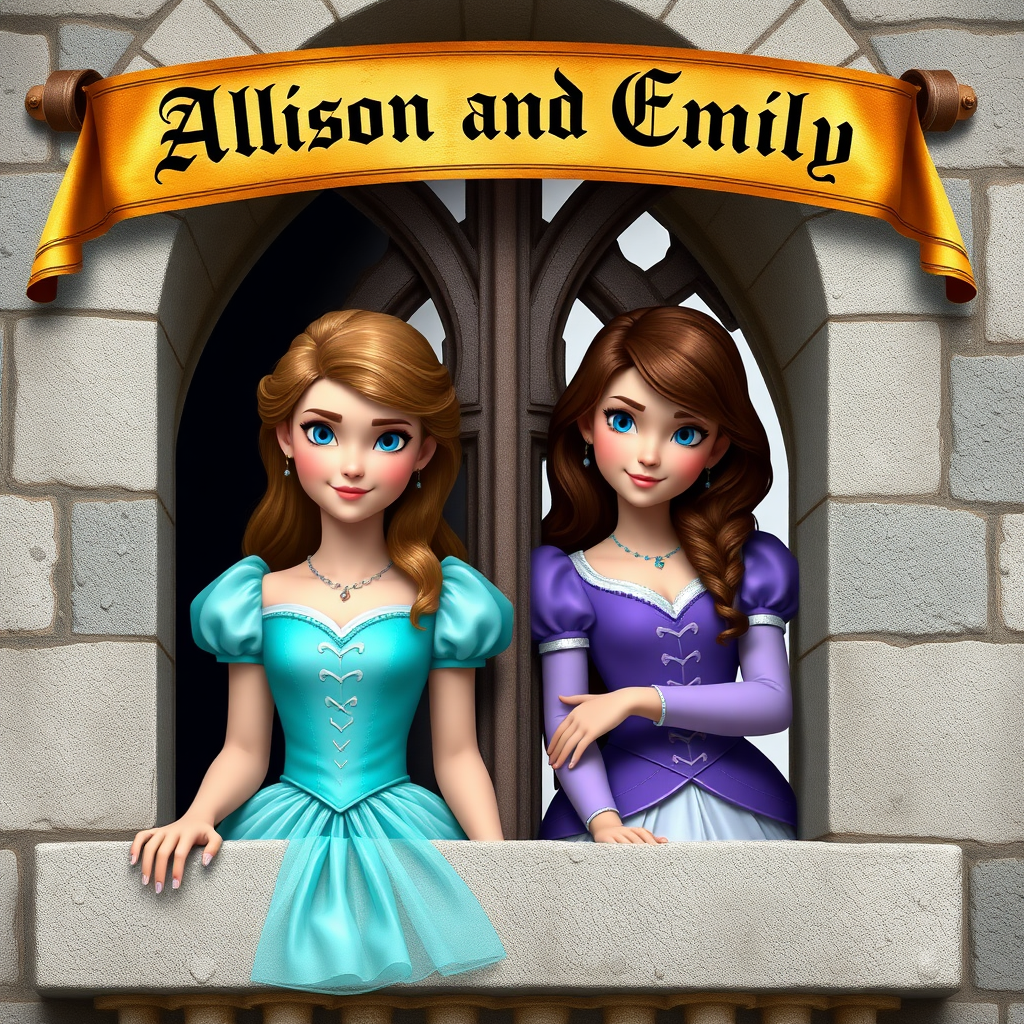 Two photo realistic princesses, one with light brown hair, blue eyes and aqua colored dress and the other with brunette hair, blue eyes and purple dress peeking out the window of a castle with a medieval banner overhead saying "Allison and Emily"