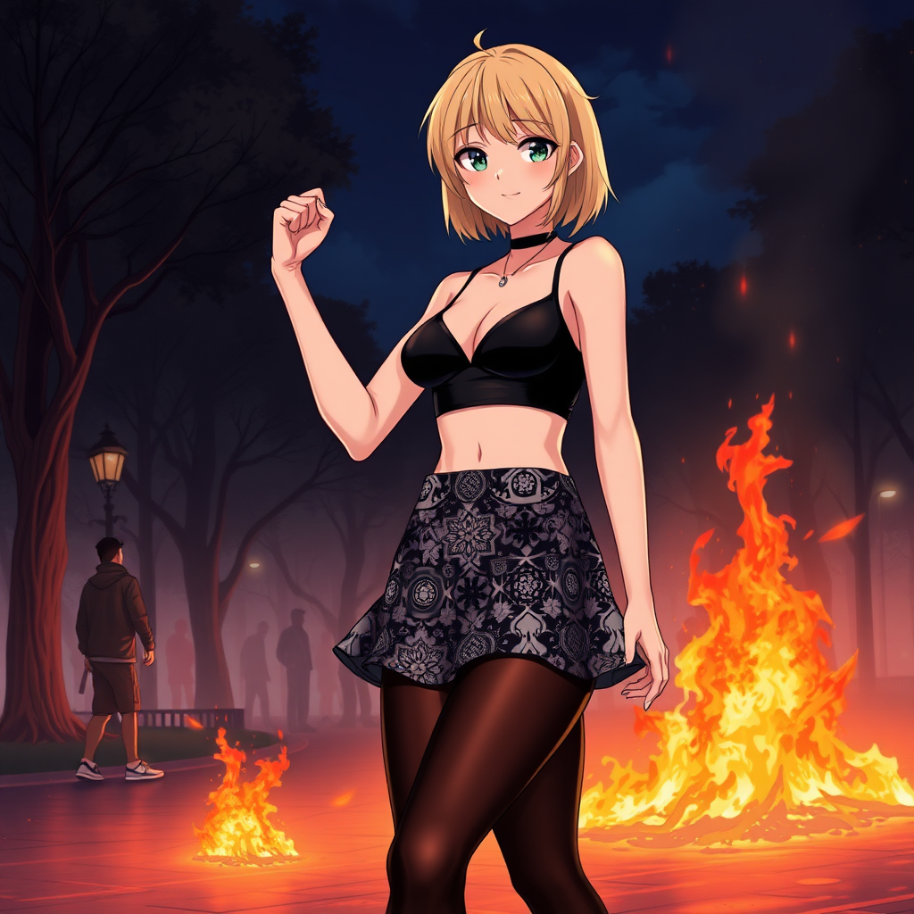 Anime art of a woman, medium blonde hair, a black, sleeveless crop top that reveals the woman's black bra and a high-waisted, patterned mini skirt that showcases a mix of black and white colors. She is also wearing black sheer tights and black sneakers with white laces, raised fist. Park on fire at night from riots background.