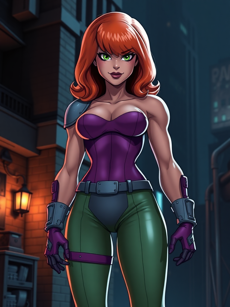 Create a photorealistic full-body image of Daphne Blake, maintaining her head while adopting Doomguy's muscular body shape and gender features. Alter her body form to match Doomguy's physique, ensuring her proportions reflect his strength and bulk. Adjust her outfit accordingly to fit the new body outline, blending her signature style with an armored, combat-ready aesthetic. Set the scene against an appropriate backdrop that harmonizes the worlds of Daphne and Doomguy, incorporating elements from both a mystery-solving atmosphere and a dark, action-packed environment. Ensure the final image captures the essence of both characters effectively.