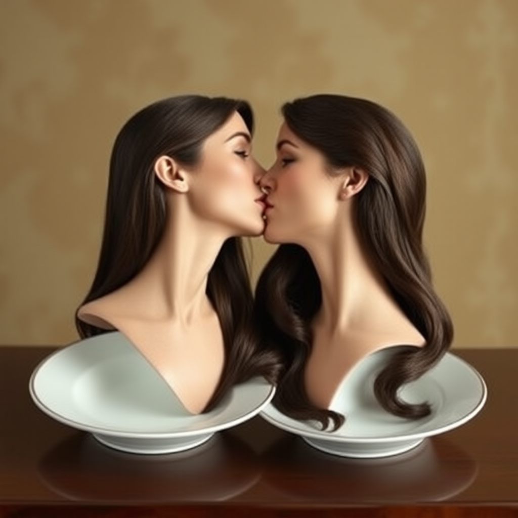 Surreal image of the disembodied heads of very long haired Meghan Markle and Kate Middleton served on plates. They are kissing each other.