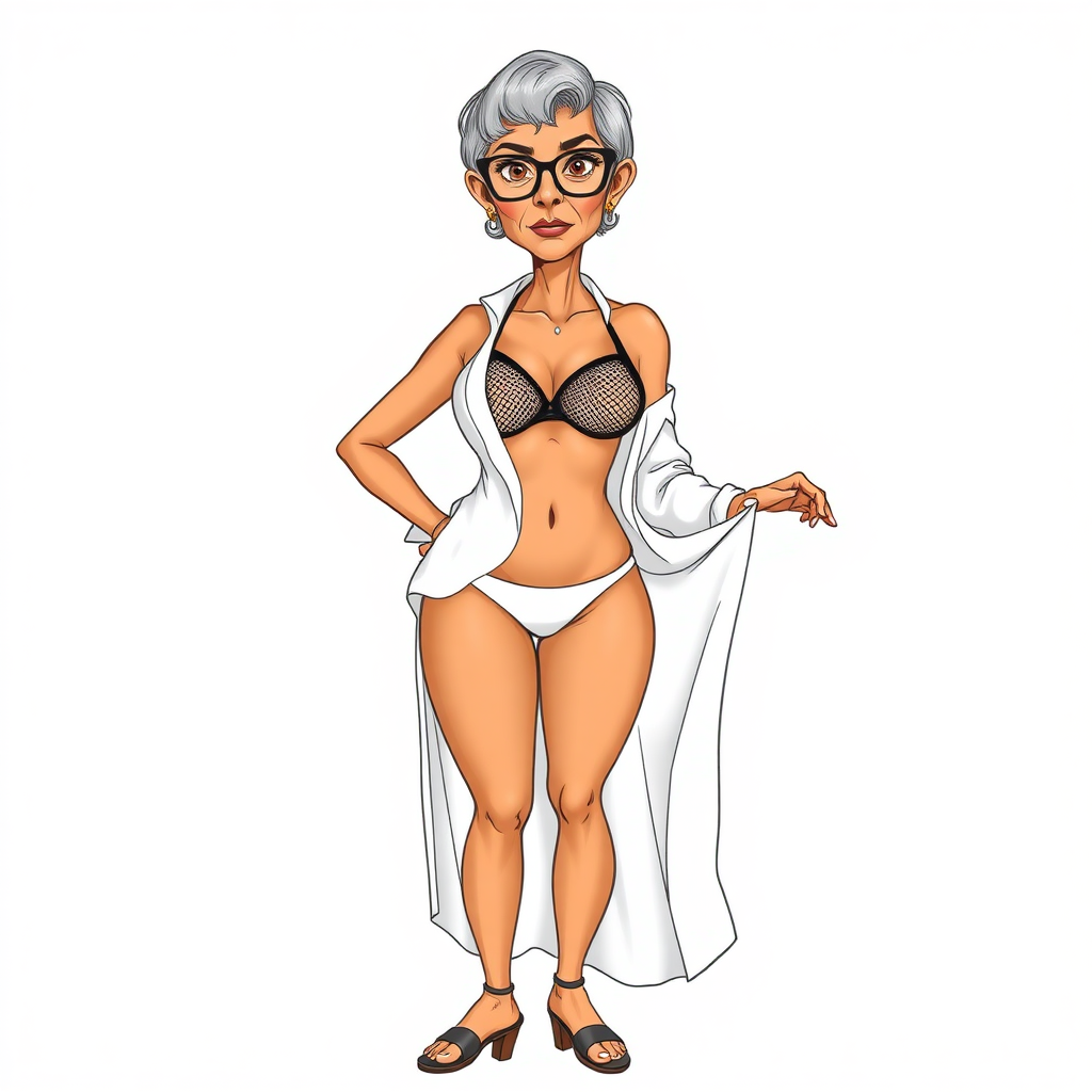 a towering 55 Years old, fit, slim, European, Latina, sharp aquiline nose, wrinkles, high cheekbones, Middle Eastern, Skinny, Tanned skin, Dark light skin, Rounded Medium breasts, Skinny thighs, full Makeup, jewelry, Serious face, Sharp nose, Ash hair, short bowl haircut, Brown eye color, Glasses, with detailed features. she is wearing an open white shirt, a black mesh balconette bras and a tight white high cut 1980s mesh cut out swimsuit and fully transparent white linen slit open pleated mini skirt, detailed fabric, detailed fabric. full body, high heels sandals, rolling up her skirt over her thighs, she is inviting the viewer to get closer, long establishing shot, 2D, caricature, cartoon, Sketch lines, coloring book, coloring book style on white background, well composed, clean coloring book page, No dither, no gradient, strong outline, No fill, No solids, vector illustration, realistic proportions