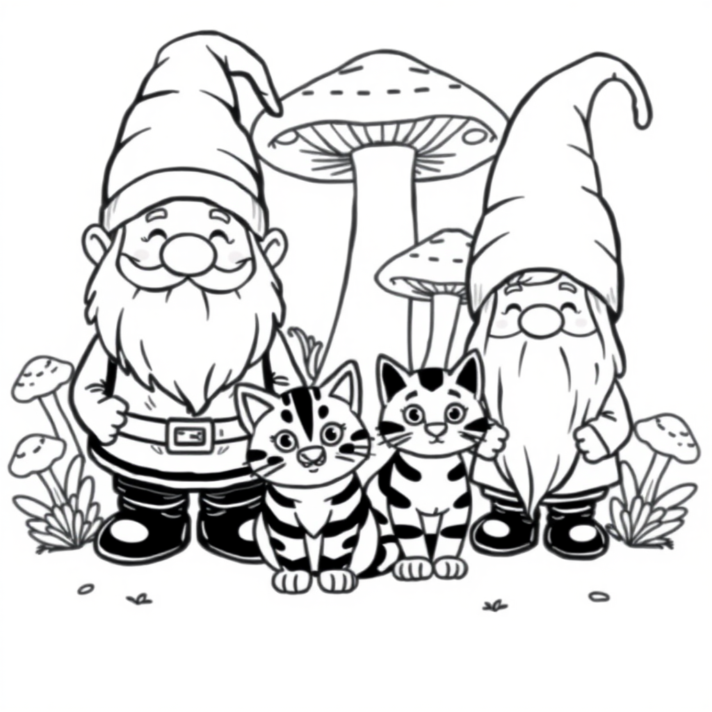 A happy Gnome family standing with a Bengal cat sitting. some mushrooms in the background. Black and White - no gradients or greys. Vector style, isolated on white