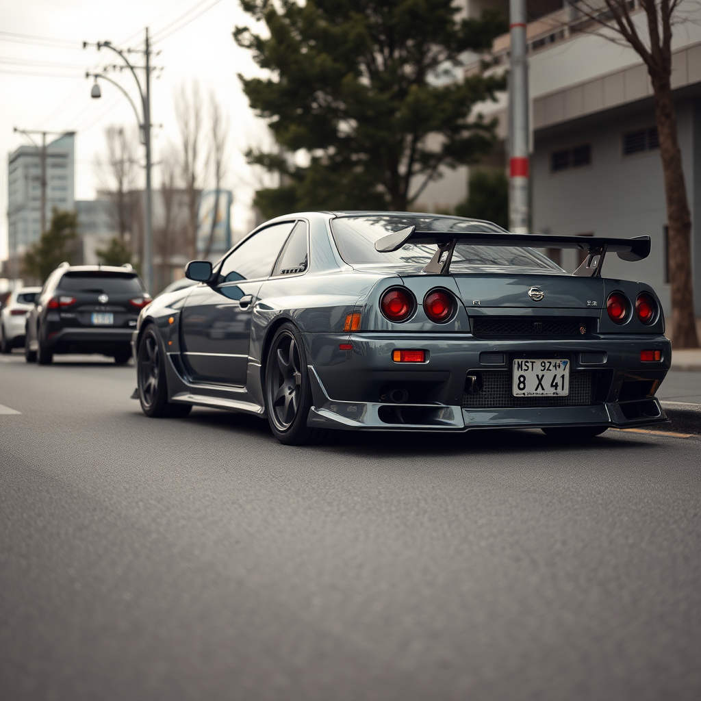 The car is parked on the side of the road, inspired by Taiyō Matsumoto, tumblr, restomod, nd4, c4 metallic shine gray black nissan skyline r34 kalabalik tokyo gece arkaplan