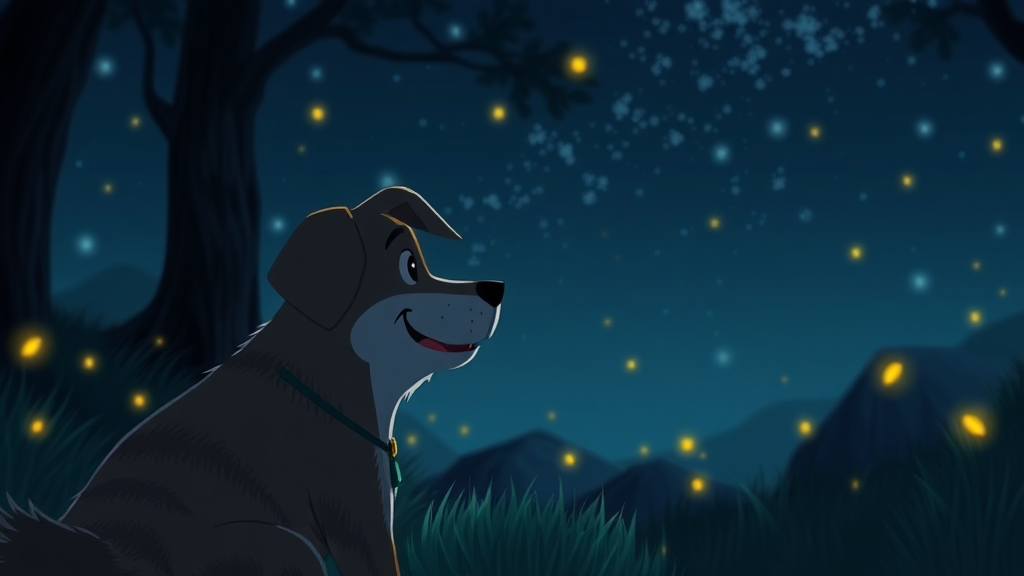 A dog at night some fireflies around animation