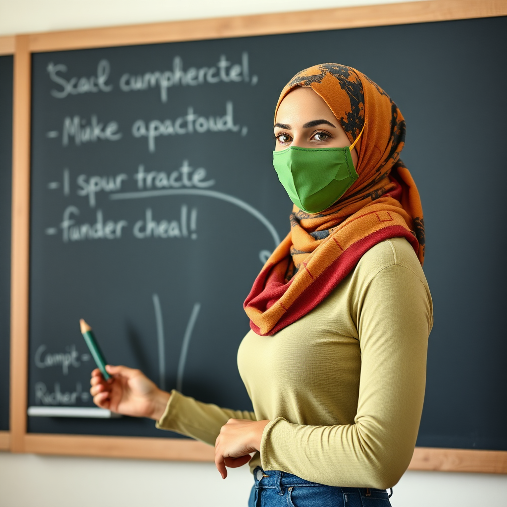 slim, 30 year old, sexy, french female school teacher, scarf head, turmeric face mask. She is smiling and teaching on a blackboard