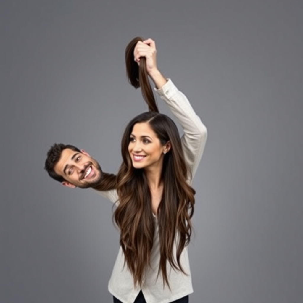 A surreal image of a smiling male magician standing to the side while holding up the disembodied head of a very long haired Meghan Markle by her hair to display it to the camera. He is grabbing her very long hair and pulling it up high in the air, while her head is hanging by her hair from his grasp. Plain gray background.