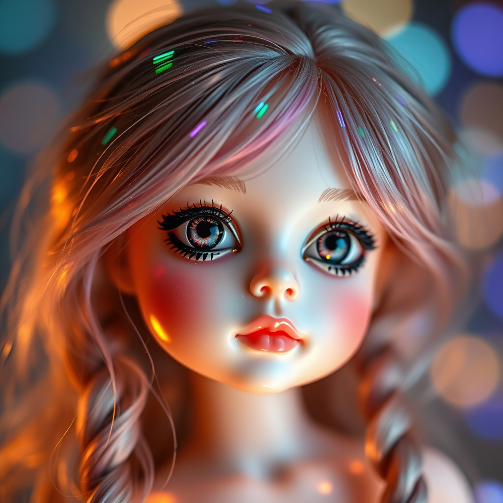 preteen artists doll, porcelain, Bokeh, abstract, fractal, brilliant colors, glittering, translucent, mother of pearl, opal, iridescent, natural skin, glowing