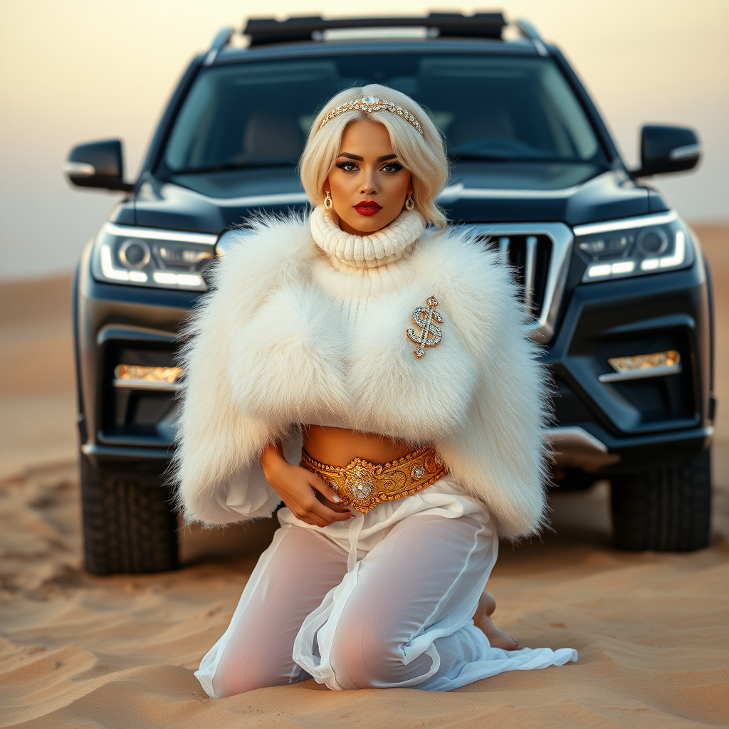 Kuwait desert dunes misty dawn, full size luxury SUV: Melissa, European 17 years old very convincing femboy “trophy-bimbo”, tamed servile docile, very beautiful feminine flawless face, rather short, by hormones very curvaceous womanly figured, platinum blond short tight curls, bold red lips, heavily made-up face, wearing Supertanya-style fluffy very fuzzy bright white angora turtleneck-poncho cropped ending under bust decorated with pearls and gemstones, striking oriental wide gold bridal protection belt, white fully transparent harem pants, full Oriental bridal jewelry with striking headpiece, full Oriental face-jewelry, striking diamond “$$$” letter brooch on left chest, pout frustrated, hands tied behind back, kneeling in sand in front of SUV, looking at camera. Focus on face and turtleneck-poncho.