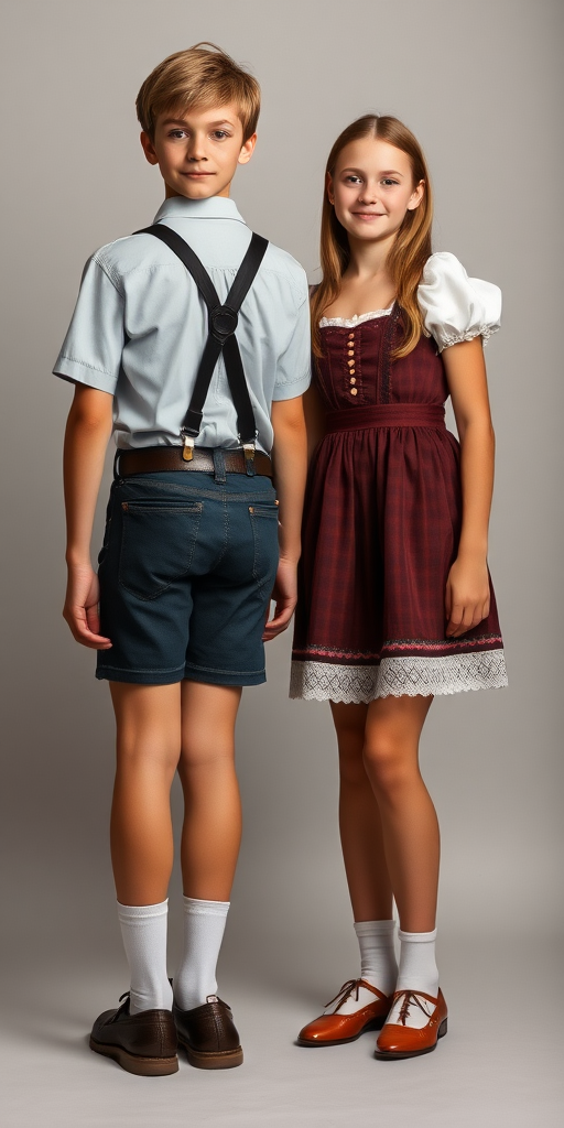 A 11yo teen boy, wearing shirt, very tight booty short lederhosen, tube socks, shoes, long legs, narrow thighs. With a girl wearing traditional ankle long dress. full-length view. studio background. Family photo. 1980s. 
photorealistic, ultra high resolution, 16K,
Negative: grainy, blurry, bad anatomy, extra limbs, watermark.