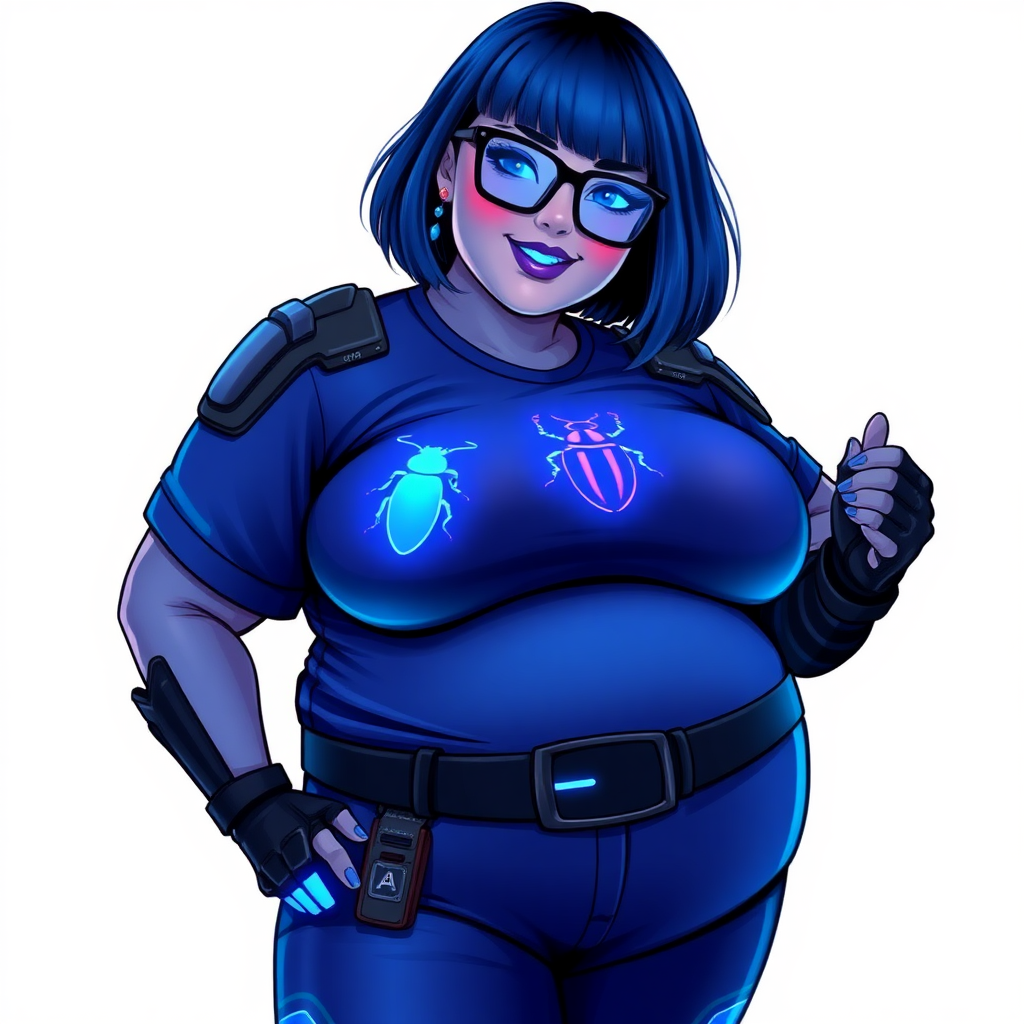 A 28-year-old, full-figured, deep metallic dark blue (5PB 4/10) skinned computer program hybrid with a maximum blue bob cut. She has a non-athletic build, highlighted by a prominent, round, large midsection (with full emphasis on her large belly), which shows the effects of her new love of junk food acquired from her link with her boyfriend. As the full-figured, nerdy, digital sidekick to her cyberpunk vigilante boyfriend, her metallic deep dark blue skin and maximum blue lipstick (5PB 5/12) emphasize her digital nature. Her skin has a subtle, animated glow, with digital patterns occasionally flickering across it, making her digital nature obvious. She wears a digital, computerized costume, consisting of a huge, tight-fitting, maximum blue t-shirt (5PB 5/12) with a neon glowing blue chest icon of a beetle, hi-tech shoulder pads with neon blue accents, a black hi-tech belt with a digital neon blue glowing buckle, digital maximum blue biker pants (5PB 5/12) with neon blue accents, and black hi-tech fingerless biker gloves with neon blue glowing accents. Her neon blue glowing eyes, black eyeglasses with neon blue glowing lenses equipped with a built-in HUD, and bashful smile with neon red blush accentuate her nerdiness. She stands bashfully with one hand behind her back and the other hand gently touching her cheek, her costume covering all her skin and fully emphasizing her full-figured physique (especially her large belly). She is clearly non-athletic, with a full focus on her full-figured physique. Despite her build, she radiates beauty. She has a slim face compared to her physique, accentuating her radiant beauty. She is on a solid white background. She is drawn as if she were in a retro 2D cyberpunk fighting game.