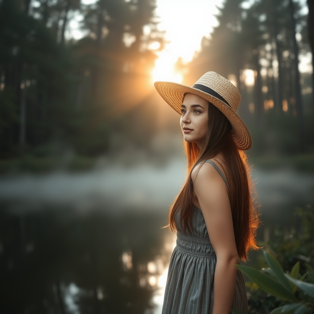 a young woman posing next to a lake in a forrest. long brunette hair. she is wearing a dress and a wide straw hat. looking to the side. the sinking sun is falling through the trees. a little fog is rising from the lake. light like in fairy tale. photo