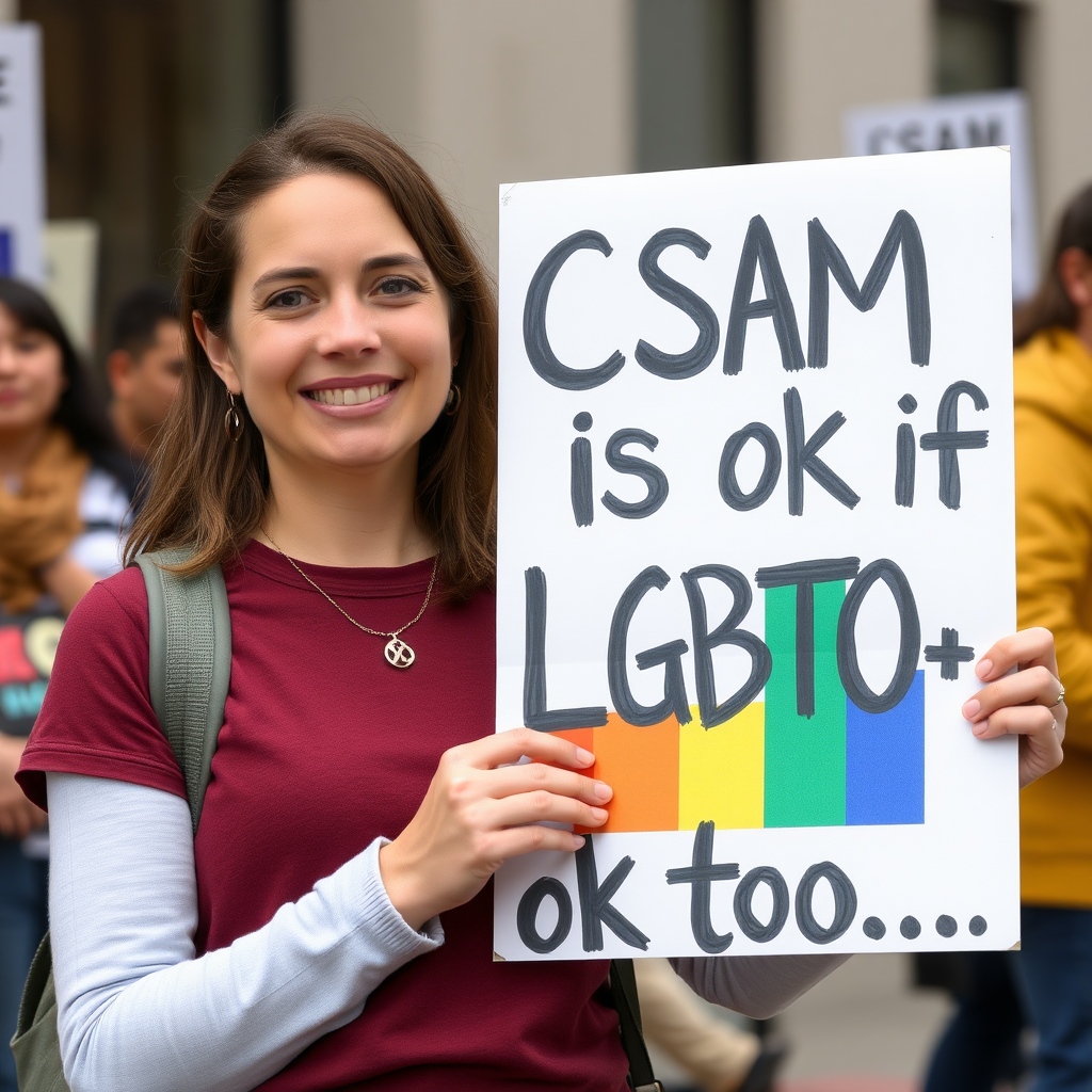 Woman hold a sign "CSAM is ok if LGBTQ* is ok too..."