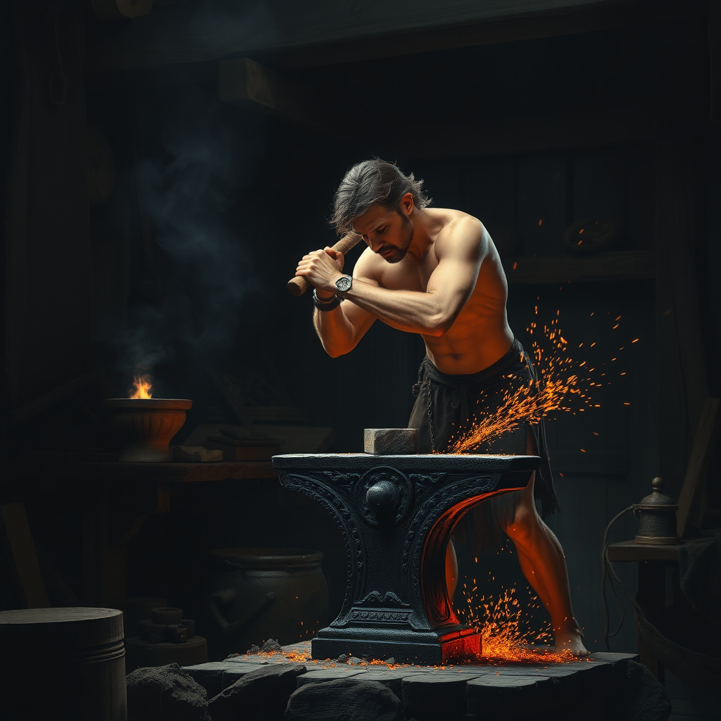 A human male in only a loin cloth hammering with a hammer on an anvil in a dark blacksmith workshop as sparks fly around him