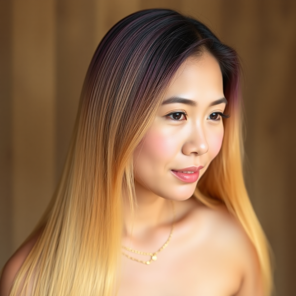 A 45 year young North-East Thai woman with gold and violet colored long straight hair and a fine gold chain.