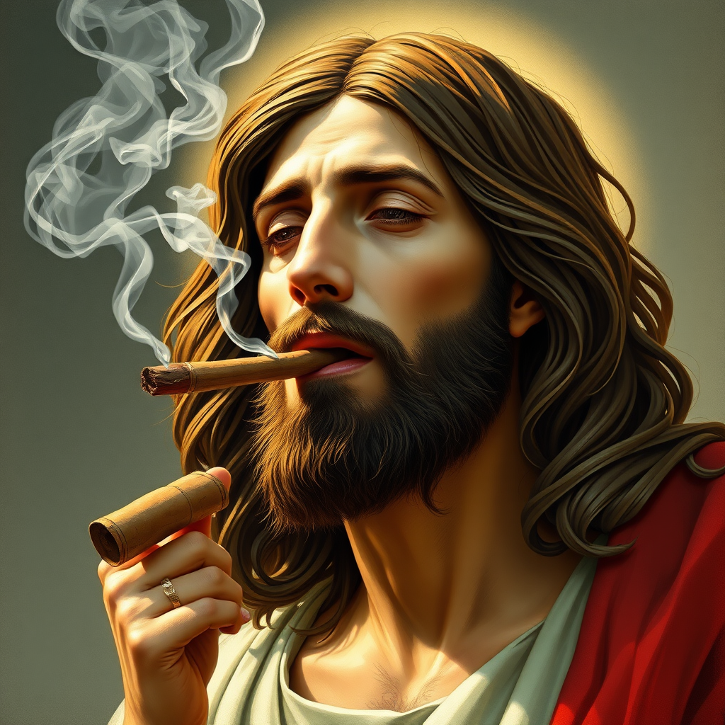 Jesus Christ smoking a short cigar.