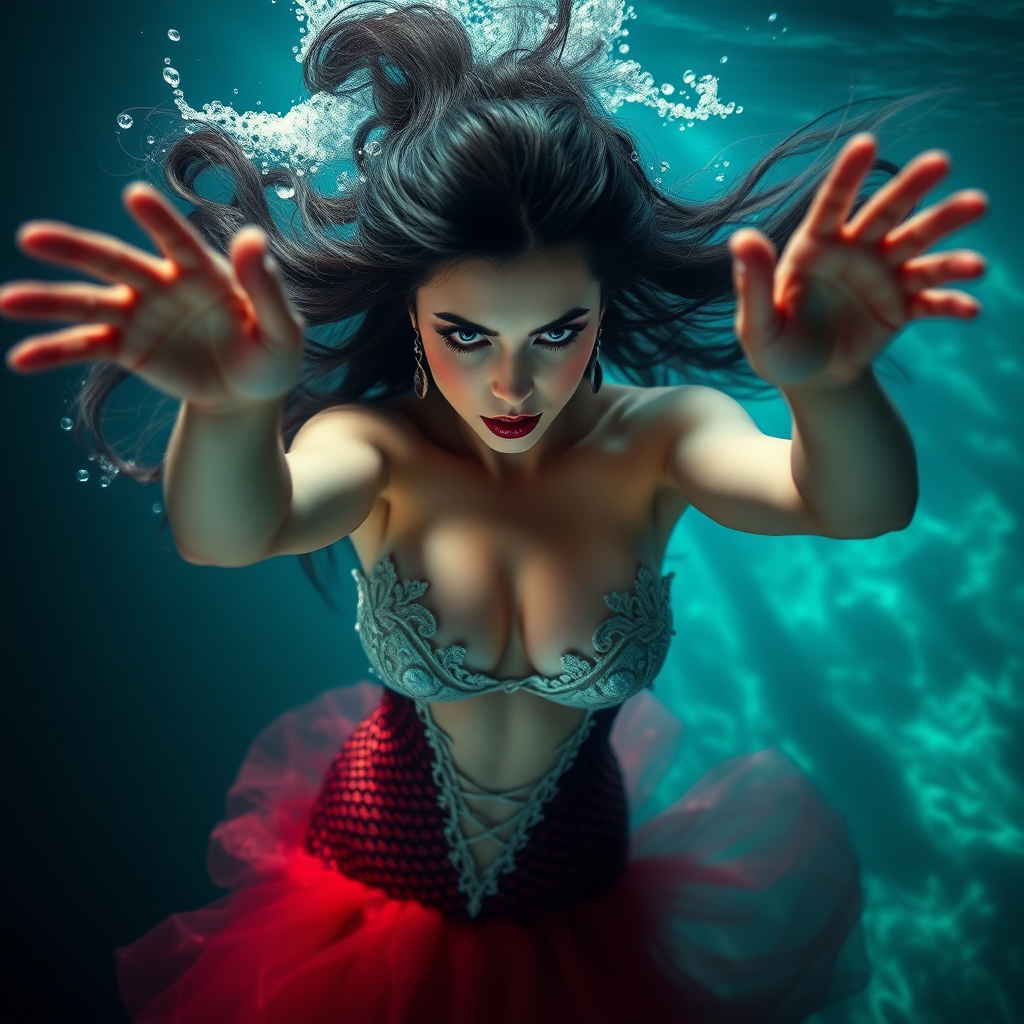 Vampirella as a mermaid underwater hair floating in a nimbus around her beautiful face her arms outstretched towards the viewer and she's looking down into the viewer's eyes making intense eye contact. diaphanous. Real DSLR HD Photography. Burlesque