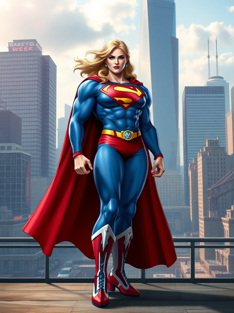 Create a full-length image of Superman with the body traits of R. Mika. The character should retain Superman's iconic blue and red costume, but incorporate stylized embellishments and elements from R. Mika, such as her wrestling-inspired boots and gloves. The physique should be muscular and curvaceous, reflecting R. Mika's athletic build, with exaggerated, strong limbs and a robust torso. The scene should be set in a dynamic cityscape, combining Metropolis' modern skyline with elements of a wrestling arena to create an appropriate and thrilling background for both characters.