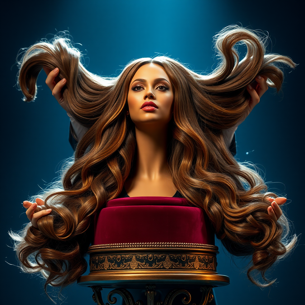 A magician captivates the audience with a stunning display of illusion. Atop an ornate velvet display stand rests the glamorous head of Beyoncé, her radiant complexion and striking features enhanced by glimmers of stage lighting. Her remarkably long hair cascades elegantly, flowing like a waterfall of rich, dark silk, and the strands glisten with hints of gold as they catch the soft light.

The magician holds up the luxurious mane with a flourish, spreading it wide for everyone to admire. The air is charged with suspense as he expertly manipulates the hair, twirling it gracefully around his fingers, creating mesmerizing shapes that seem almost alive.