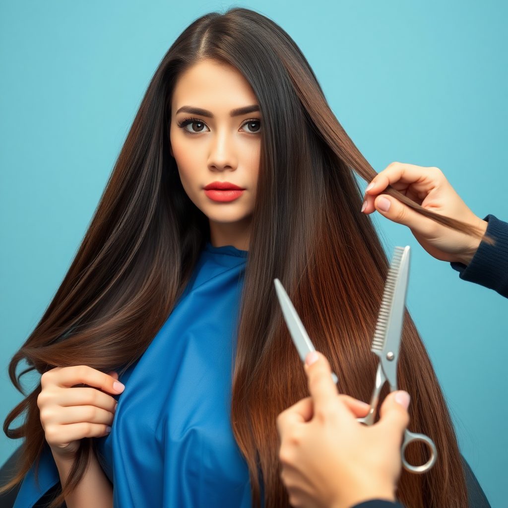 POV, A beautiful woman sitting in a hair salon wearing a blue salon cape, looking at the camera. Her very long hair meticulously fanned out. I'm holding a comb and scissors out preparing to cut her hair. Plain light blue background.