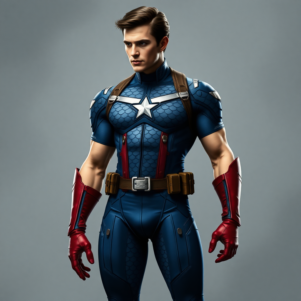 "Create a full-length image of Steve Rogers with the feminine body traits of Snow White, excluding the head. Maintain and adjust his iconic blue, scale-patterned suit and red gloves to fit the new proportions. Depict a muscular yet graceful physique, with broad shoulders tapering to a narrow waist, and toned arms and legs. Ensure the character's hips and chest are curved to reflect Snow White's silhouette, while preserving the athletic build of Captain America."