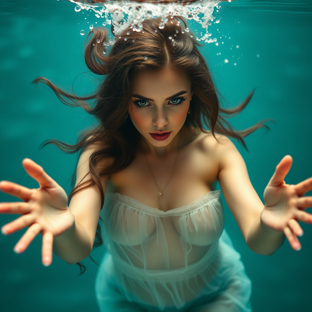 Succubus as a mermaid underwater loose hair floating in a nimbus around her beautiful face her arms outstretched towards the viewer and she's looking down into the viewer's eyes making intense eye contact. loose fitting diaphanous. Real DSLR HD Photography. Burlesque