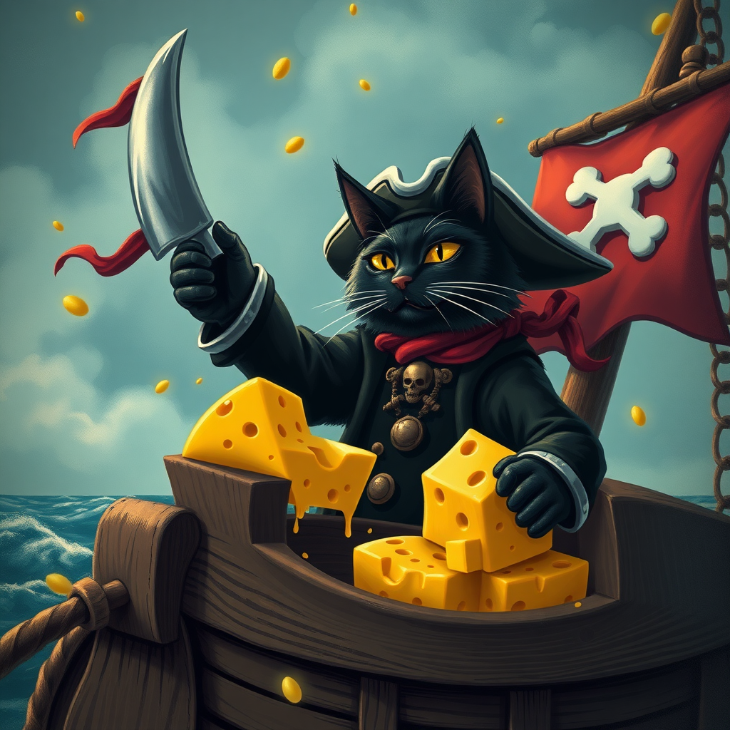 Black cat pirate Captain with treasure cheese filled with cheese on a pirate ship