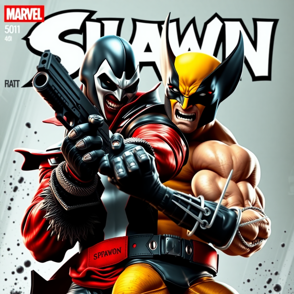 On a comic book cover is Spawn holding a gun Vs Wolverine in Cinematic Real3d photo-realistic quality.