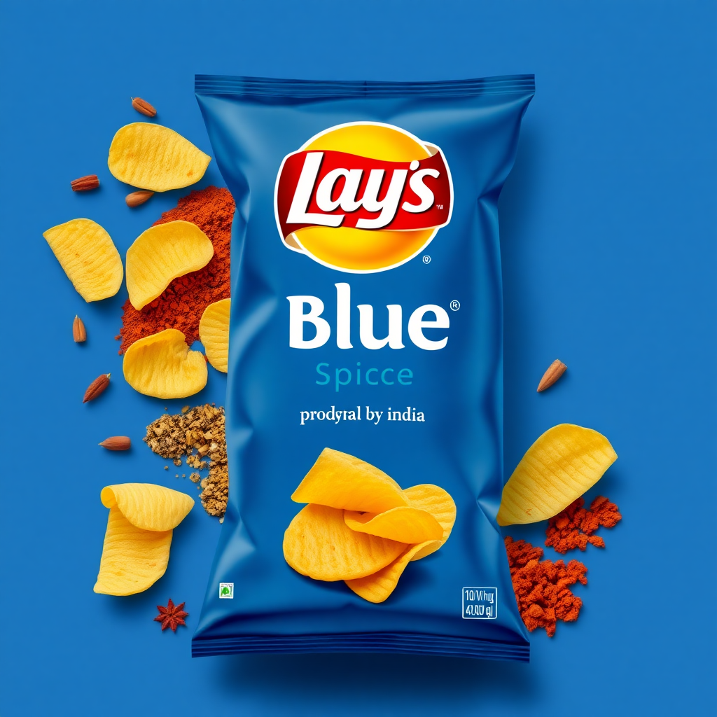 Indian Blue lays redesign it with a blue base having the spices of India and showcasing them proudly by Indians having original logo and text in English. Show potato and potato chips with the masala.