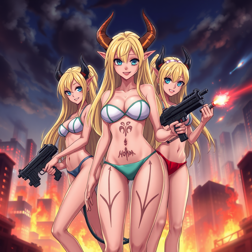 Anime, city burning background, 3 mischievous tall-slender demon girl, long blond hair, blue eyes, wearing sexy-micro bikini-bra-like clothing, g-string thong, Womb tattoo on belly, mischievous smile, large breasts, full body, long legs, looking at viewer, each are holding tech-blaster guns