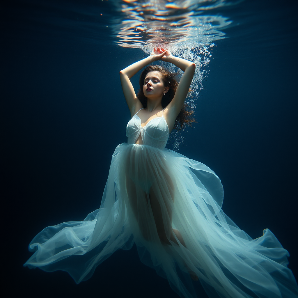 instagram beauty swimming underwater in gossamer diaphanous flowing gown, dark deep waters and dramatic lighting, crystal clear water her arms are up over her head