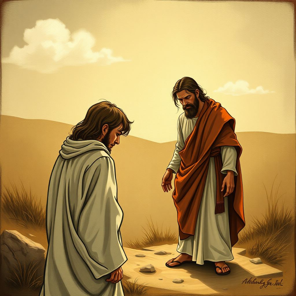 young man turns his back at Jesus with anger and leaves Jesus alone, Jesus' face is downcast