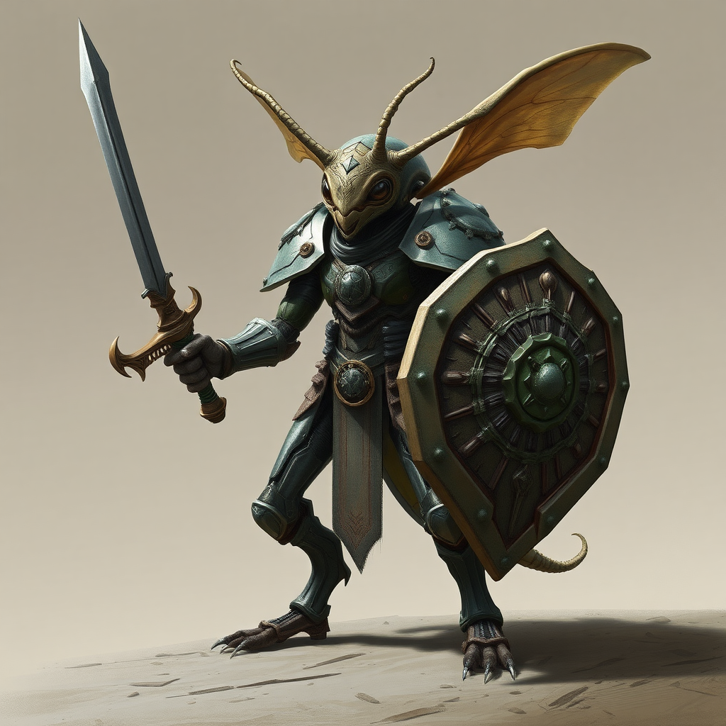 A humanoid insect alien, armored, sword and shield.