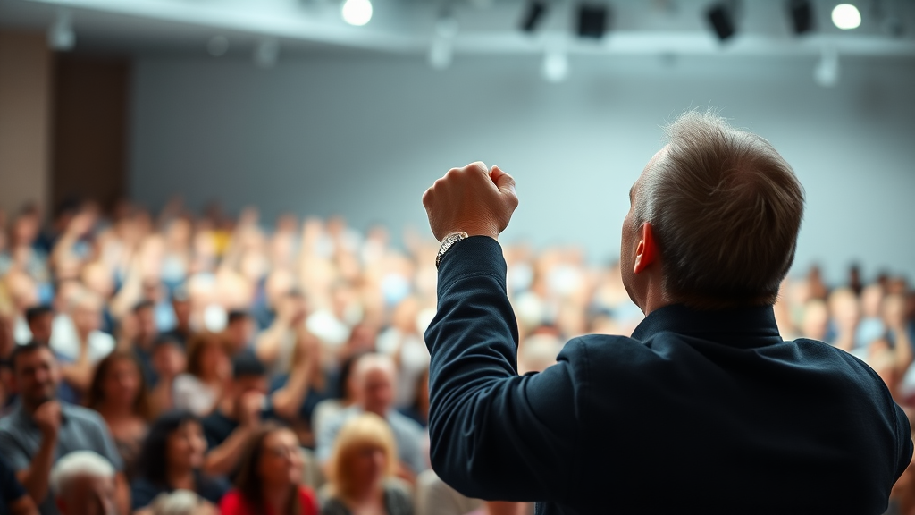 an image expressing leadership or influence, a man enthusiastically addressing an audience, his back to the camera, the side of his face shown, his hand in fist position, the audience blurred in front of him, cheering for him, a big crowd, stock photo, white lighting, the man is a bit far from the camera