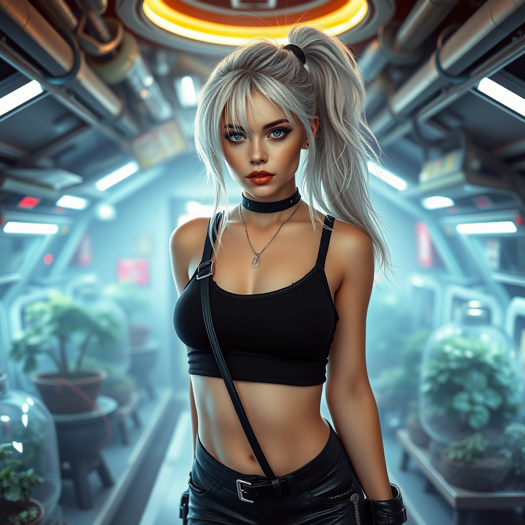 A full body shot of pretty girl like (ana de armas). pale, freckles, eyeliner, lip gloss, messy long white hair in a ponytail. crop top, cyberpunk 2077, space station, crop terrarium, high heel ankle boots, collar, purse and jewelry. lips slightly parted. Photorealistic digital matte painting, soft focus, film grain, lens flare.