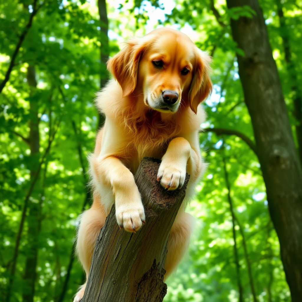 A golden retriever dog perched on a thick tree branch, its paws gripping the bark as it looks down with a curious expression. The dog's fur is shiny and well-groomed, and the tree is part of a lush, green forest backdrop with sunlight filtering through the leaves.