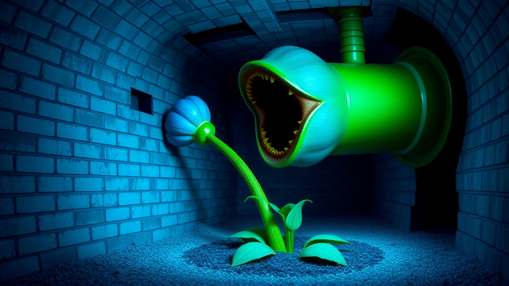 Interior. Underground scene with brick walls and floor. Blue tinted lighting. A large green drain pipe sticks out of the ground. From the pipe opening, a monster with the head of a blue flower bulb, large mouth with pointy yellow teeth. Its body is a green flower stem with green leaves.