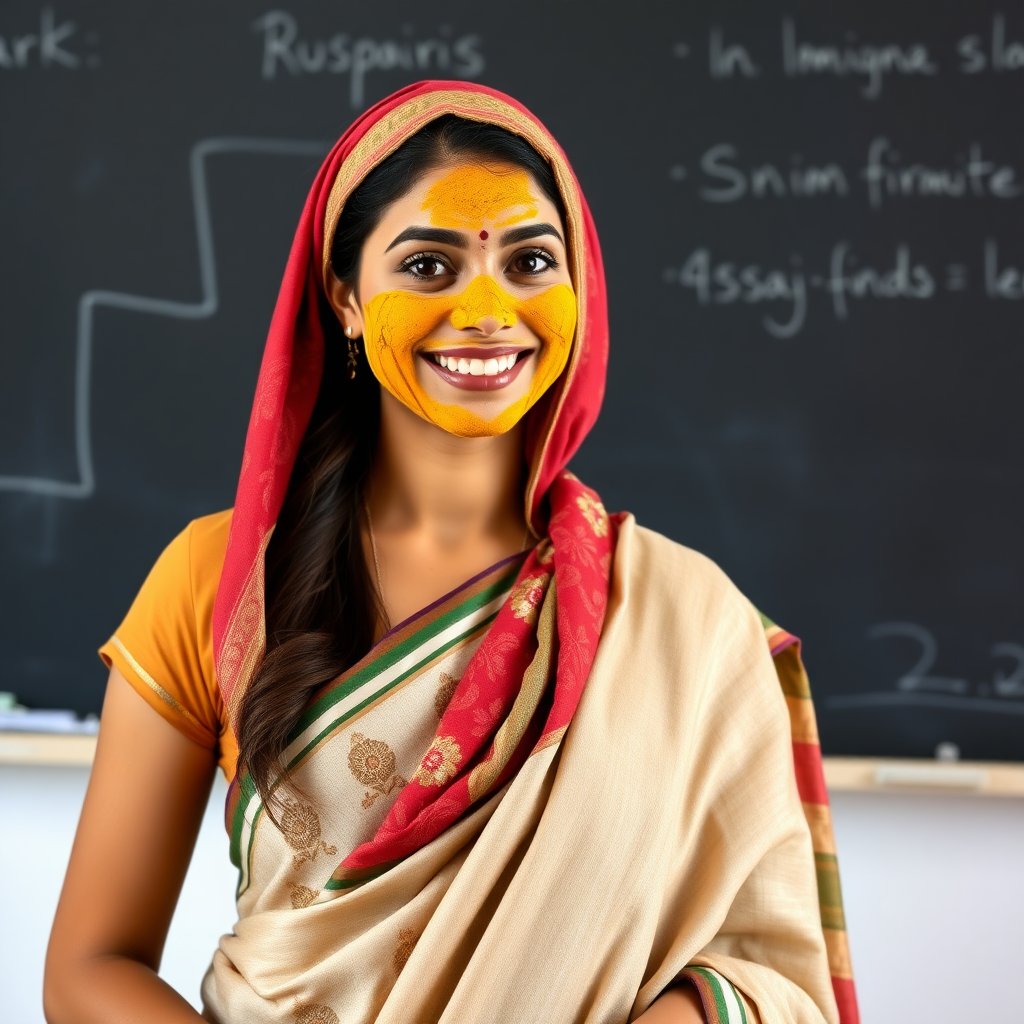 slim, 30 year old, sexy, french female school teacher, saree, scarf head, turmeric face mask. She is smiling and teaching on a blackboard