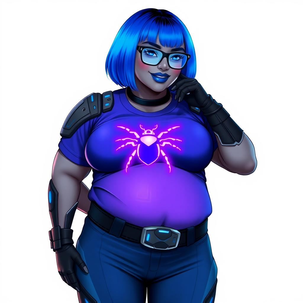 A 28-year-old, full-figured, metallic middle gray skinned computer program hybrid with a vibrant maximum blue bob cut. She has a non-athletic build, highlighted by a prominent, round, large midsection (fully emphasizing her round large belly) while being covered by her large t-shirt, reflecting her new junk food eating habits influenced by her boyfriend. As the full-figured, nerdy, digital sidekick to her cyberpunk vigilante boyfriend, her middle gray metallic skin and maximum blue lipstick underscore her digital essence. She dons a digital, computerized outfit: a large, tight-fitting, high-tech, maximum blue t-shirt with neon blue glowing beetle themed accents complete by a giant neon blue glowing beetle icon on the chest, hi-tech shoulder pads with neon blue accents, a black hi-tech belt with a digital sapphire beetle buckle, digital maximum blue pants with neon blue accents, and black hi-tech gloves with neon blue glowing accents. Her neon blue glowing eyes, black eyeglasses with neon blue glowing lenses equipped with a built-in HUD, and shy smile with neon red blush highlight her nerdiness. She stands bashfully with one hand behind her back and the other gently touching her cheek, her outfit covering all her bare skin and fully emphasizing her full-figured physique (especially her large belly). She is clearly non-athletic, with a heavy focus on her full-figured physique (with full emphasis on her large belly). Despite her build, she radiates beauty. Her slim face contrasts with her physique, accentuating her radiant beauty. She is set against a solid white background. She is drawn as if she were in a retro 2D cyberpunk fighting game.