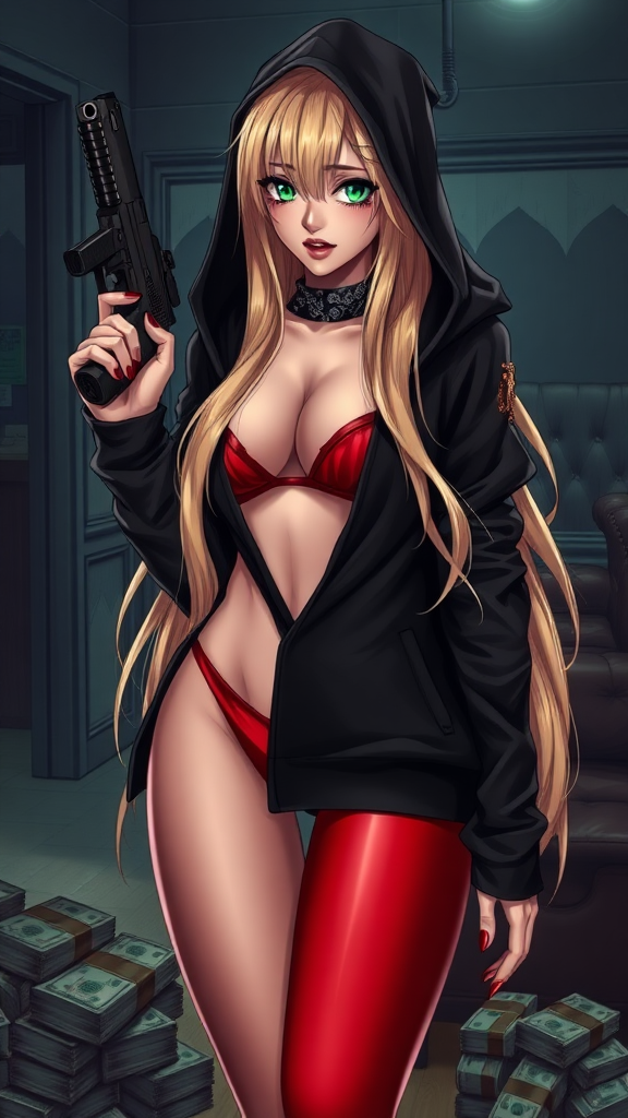 Anime, a sexy seductive and wicked long-blond hair, green-eyes with makeup eyelashes, wearing a black-dark swagger hoodie under a red-bikini and red-gstring thong, red-nails, holding glock-gun in left-hand, bags of cash on floor stolen, bandanna over mouth, standing up