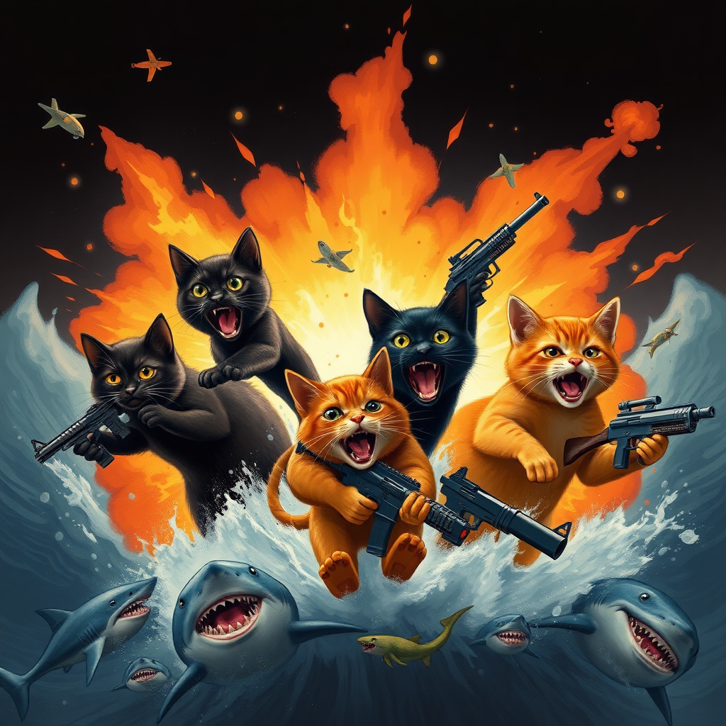 1 dark brown cat, 1 black cat, 1 brown cat, and 1 orange cat coming out of an explosion with sharks and weapons.