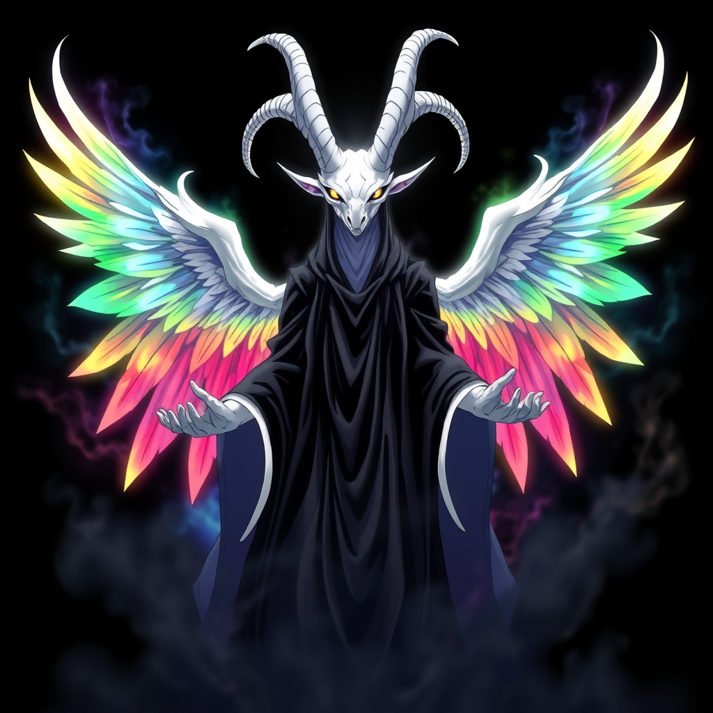 In an anime-styled artwork set against a deep black background, a towering humanoid figure reminiscent of a tall, white reptilian goat god commands attention, he is Yaldabaoth the Demiurge. Its striking rainbow-colored eyes shimmer with an ethereal light, framed by two majestic white goat horns that curve elegantly from its head, his face is covered by a bright white light. Draped in flowing black and white robes that ripple like smoke, the figure exudes an air of mystique and power. Surrounding its form is a chaotic, radiant aura that shifts through the colors of the rainbow, creating a mesmerizing spectacle.

Three magnificent angelic wings, each a vibrant blend of rainbow hues, unfurl gracefully from its back, their feathers shimmering with an otherworldly glow. With hands outstretched as if inviting connection, the figure floats serenely in the void, its gaze locking onto the viewer with an intense, otherworldly presence that captivates and wrath.