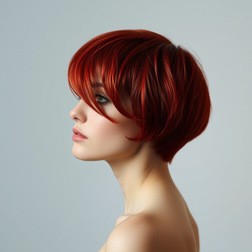 beautiful model in profile, green eyes, very short red poppy-colored hair