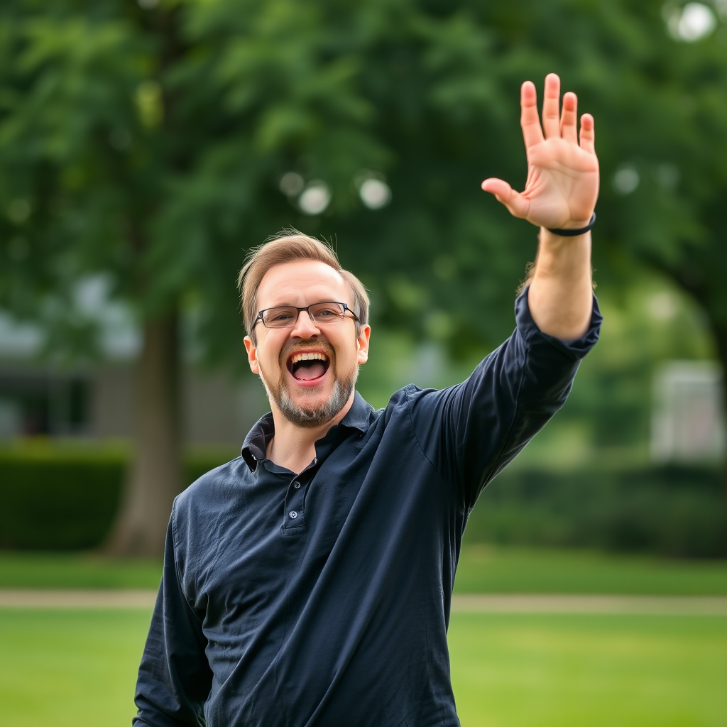 A man eagerly raising and waving his hand