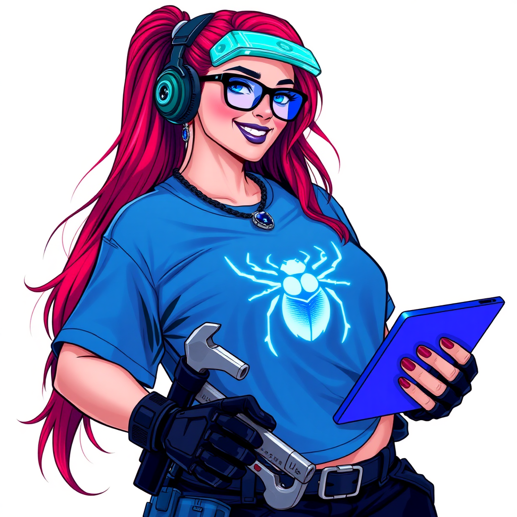 A cyberpunk vigilante’s intelligent and tech-savvy 29-year-old girlfriend, who is a computer hacker and tech genius. She has a long ruby red ponytail. She wears maximum blue lipstick, blue eyes, a sapphire beetle gemstone necklace, sapphire earrings, black eyeglasses, hi-tech power gloves, and an oversized maximum blue t-shirt featuring a neon blue glowing beetle chest icon. She has a full-figured, well-rounded physique with a gargantuan midsection, reflecting her well-cared-for lifestyle. She sports a sapphire headset with a hi-tech maximum turquoise lensed HUD, and a beaming smile accentuated by a passionate neon red blush. She serves as his tech expert from his hideout, holding a futuristic tool wrench and a futuristic digital tablet. The background is solid white. She is drawn as if she was in a retro 2D cyberpunk fighting game.