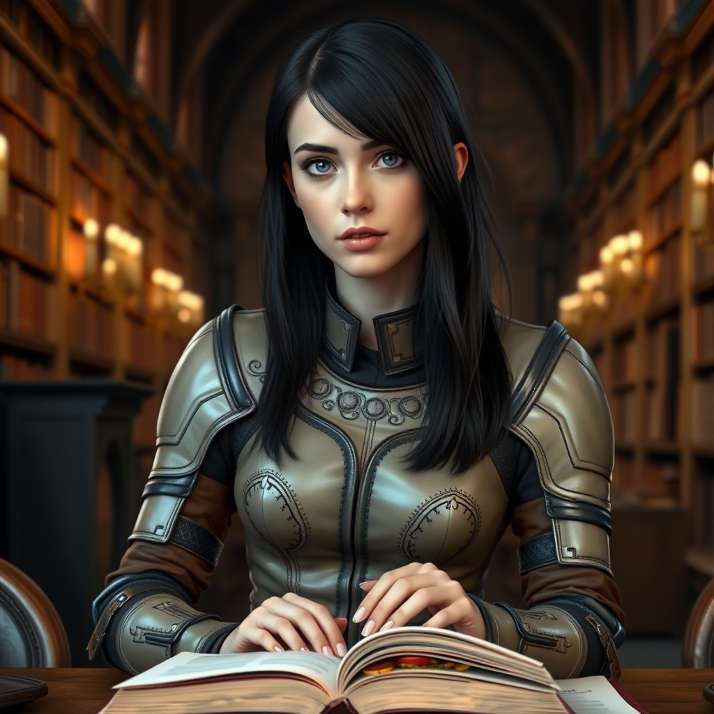 beautiful young woman, dark hair past her shoulders, blue eyes, small, slim figure, wearing full, light leather armor suit, sitting, sandwich on table, reading a book, in a grand old library.