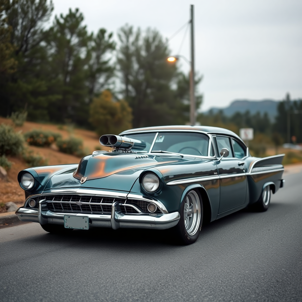 The drag car is parked on the side of the road, inspired by Taiyō Matsumoto, tumblr, restomod, nd4, c4 metallic shine classic american low rider ford.