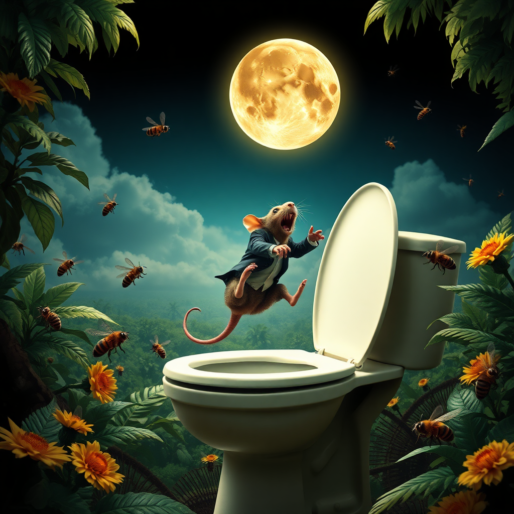 A rat politician diving off the moon into a toilet, bees, 2000s musical movie poster, no text, jungle