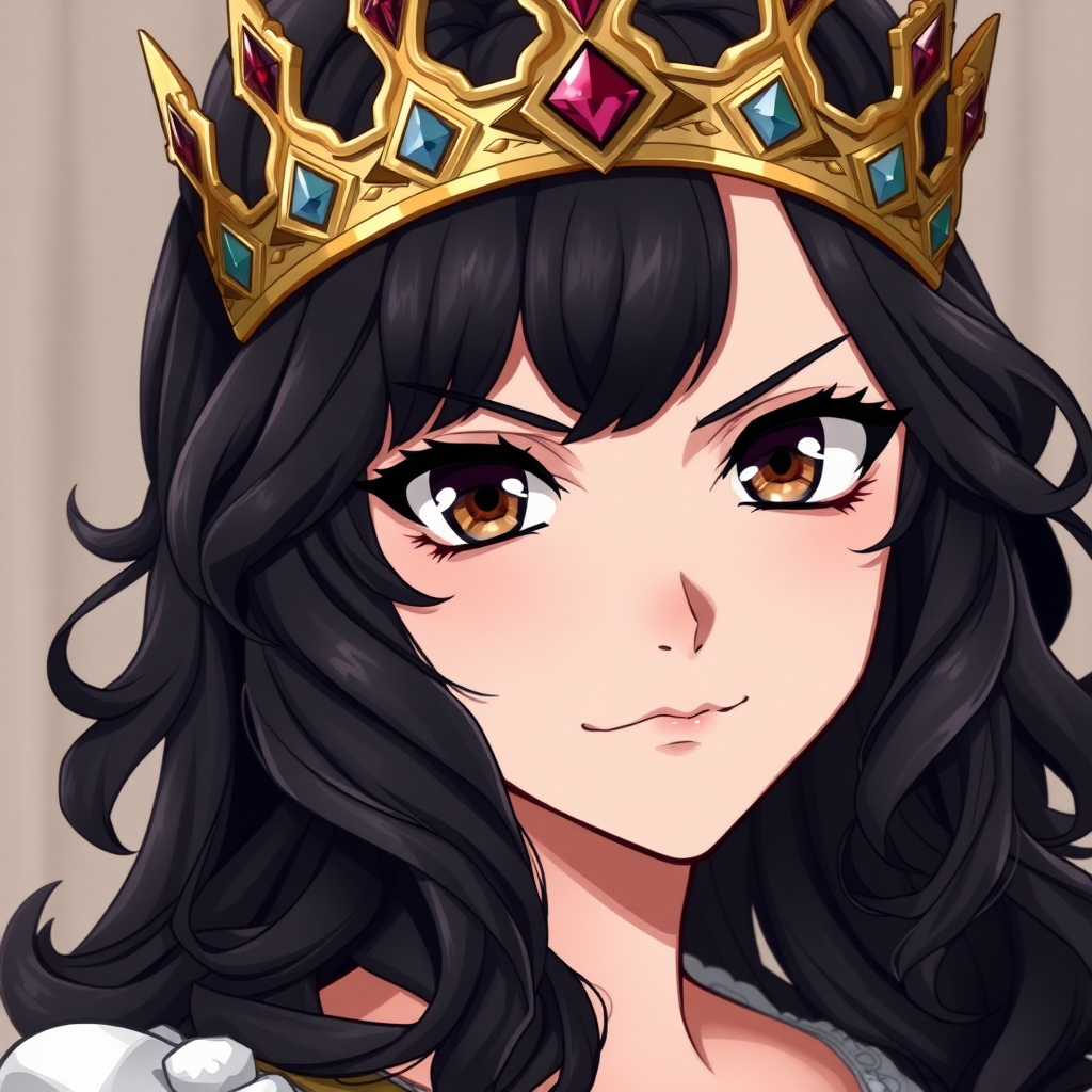 1girl, anime, highly detailed, fantasy, medieval, reluctant queen who has a scowl on her face, looking at the viewer. Her hair is wavy, black, and shoulder length. Her eyes are dark brown and have a confident and self-assured gaze to them. She is wearing a golden crown with gemstones